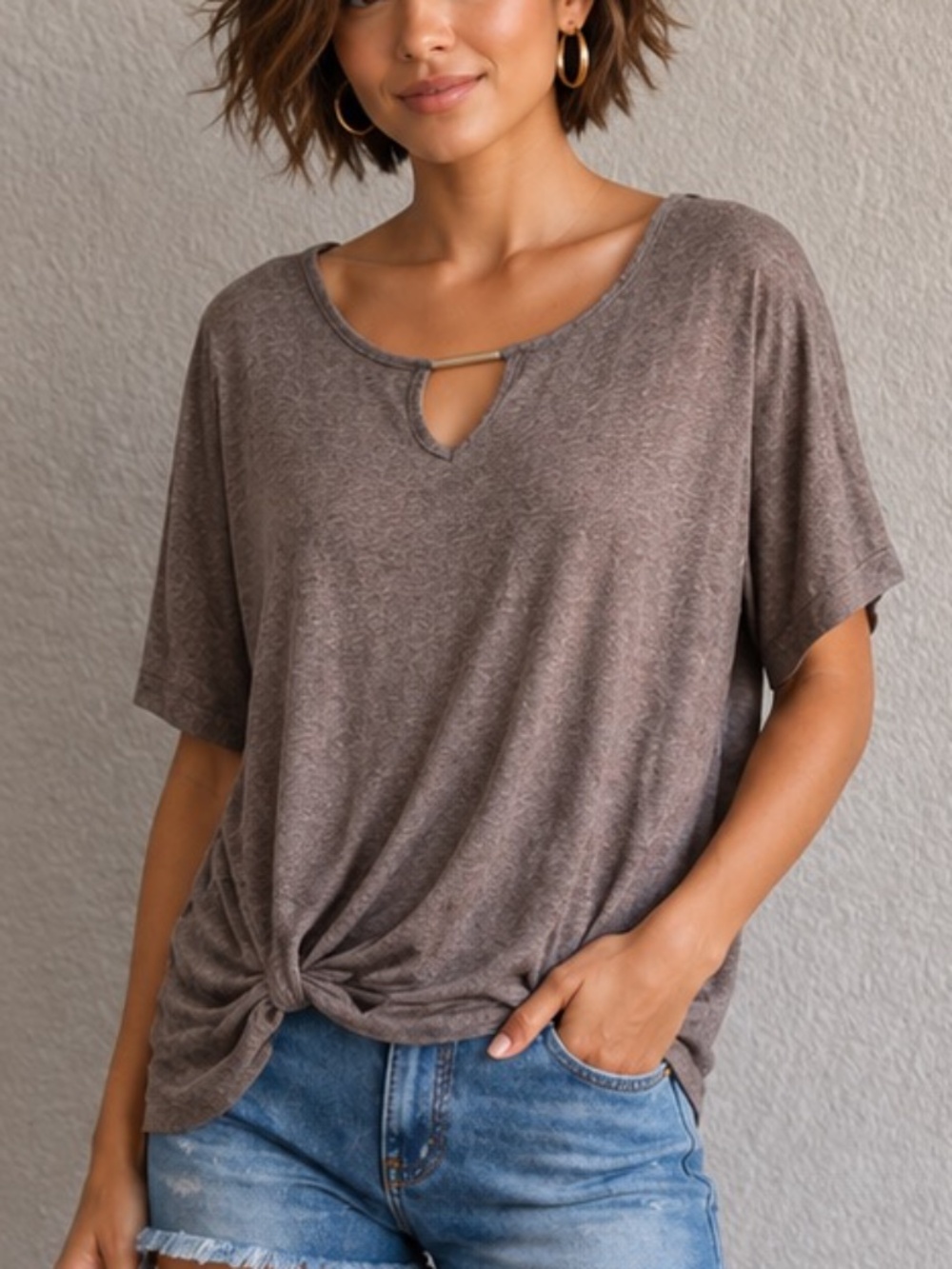 Apt. 9 Gray/Mauve Short Sleeve Relaxed Cut Out Tee XL.